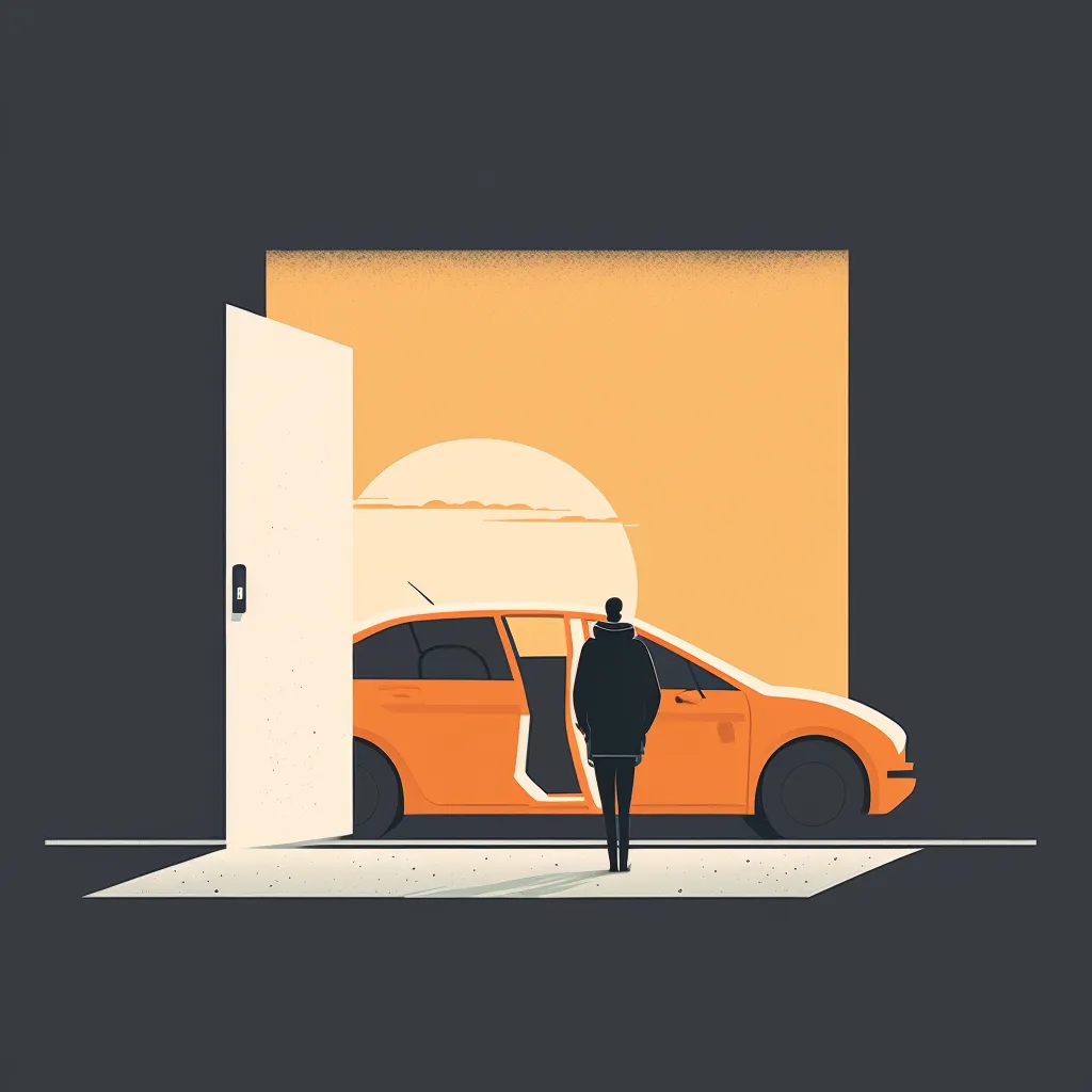 simple minimal tech illustration, man getting into a car, by slack and dropbox, style of behance 